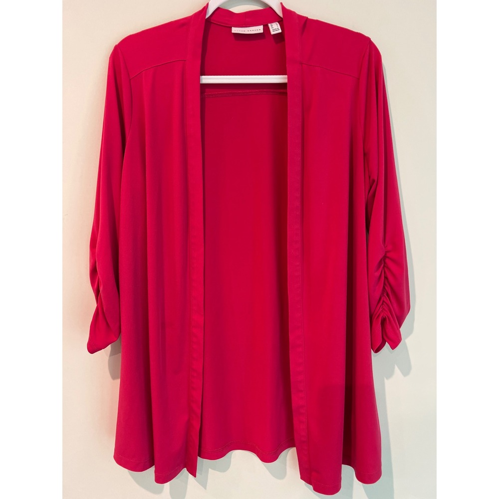 Susan Graver Fuchsia Pink Liquid Knit Ruched 3/4 Sleeve Open Front Cardigan M